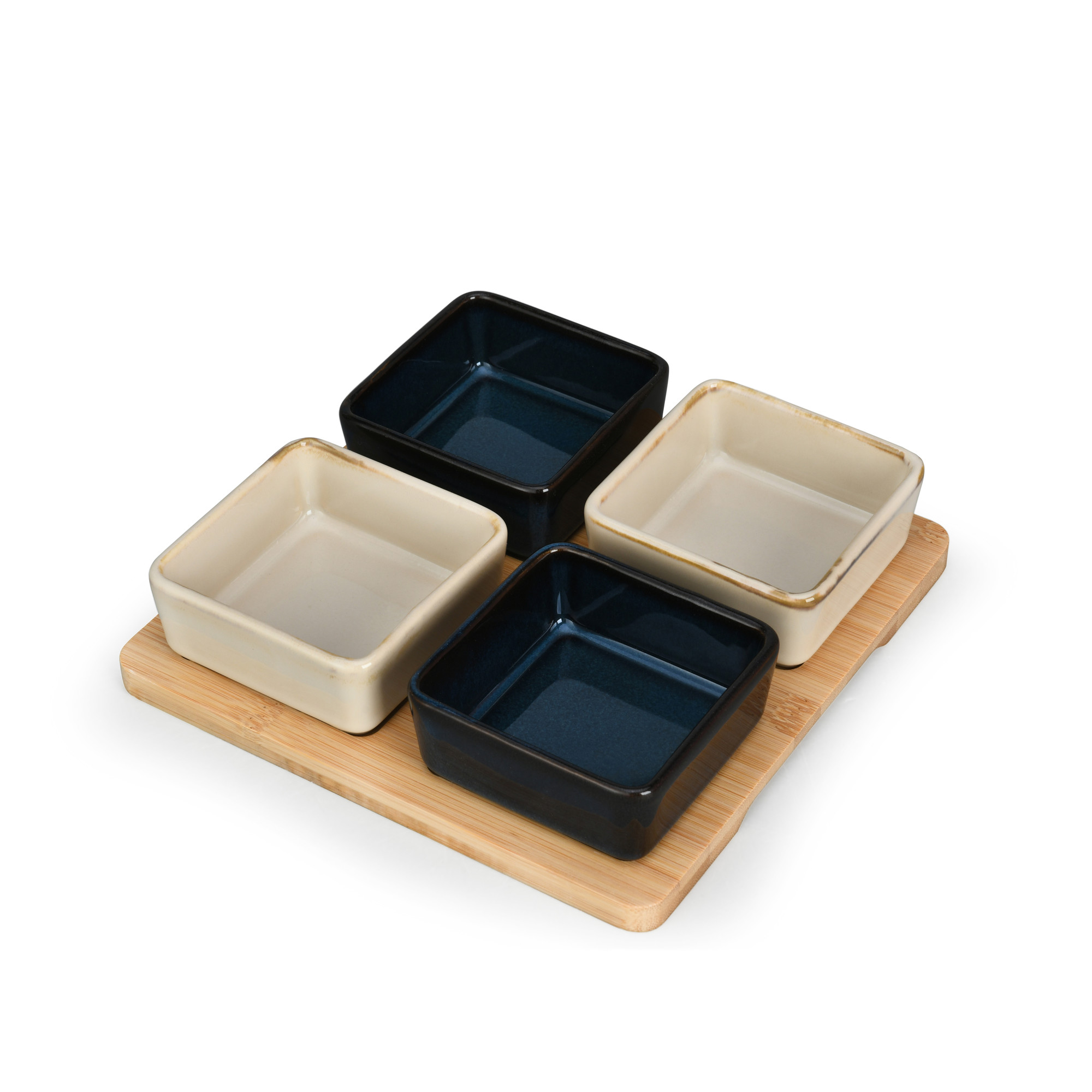 Square Ceramic Bowl Set with Bamboo Tray