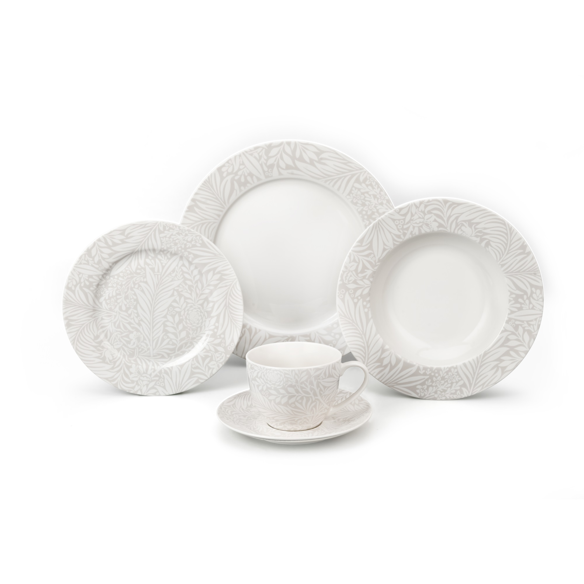 White Floral Design Relief Pattern Dinner Set