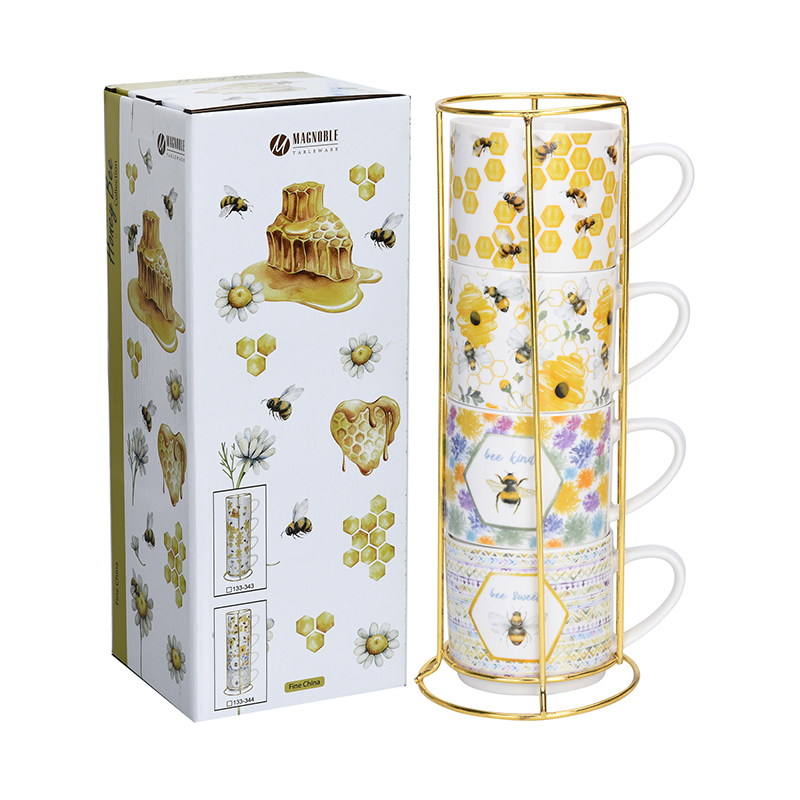 Set of 4 360ml Honey Bee Mugs with Metal Stand