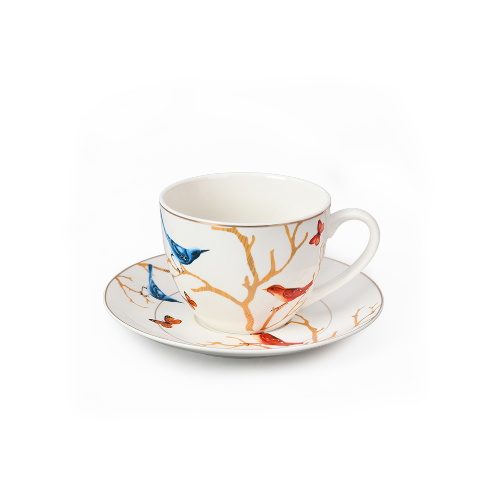 Bird In The Tree Gold Rim Floral Design Custom Pattern Cup & Saucer