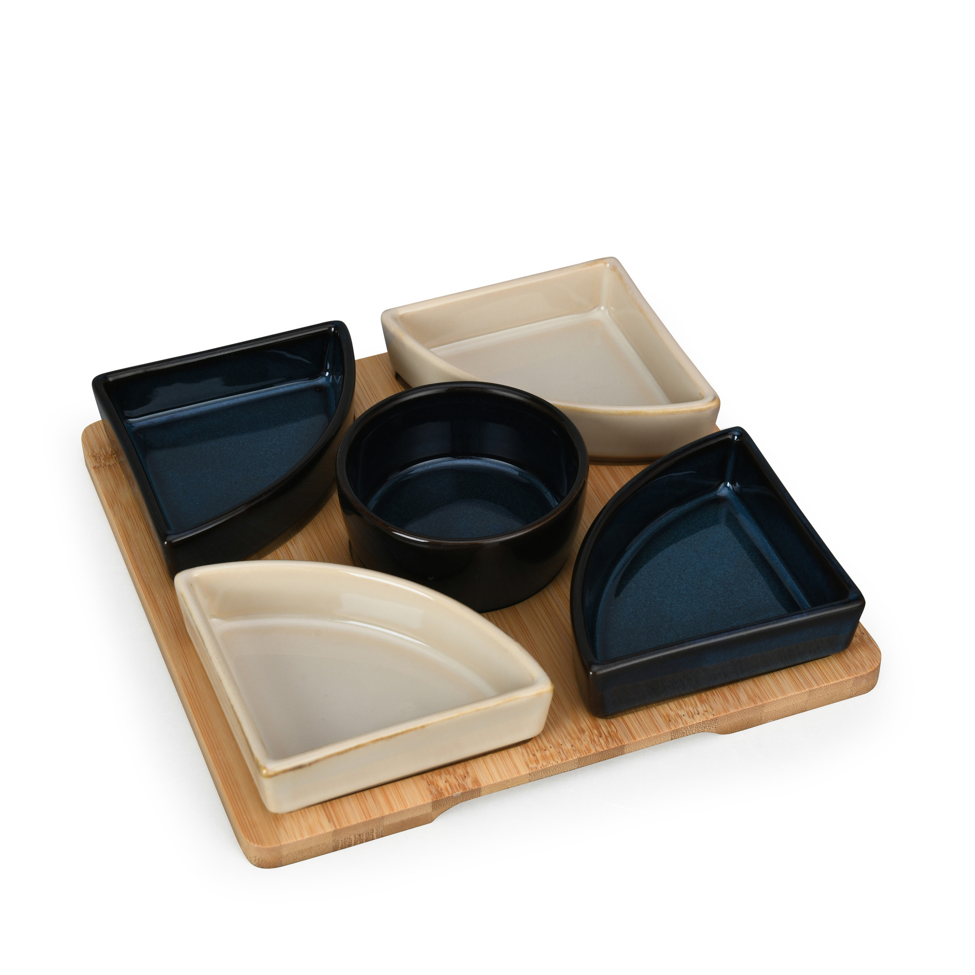 Mixed-Shape Ceramic Serving Set with Bamboo Tray