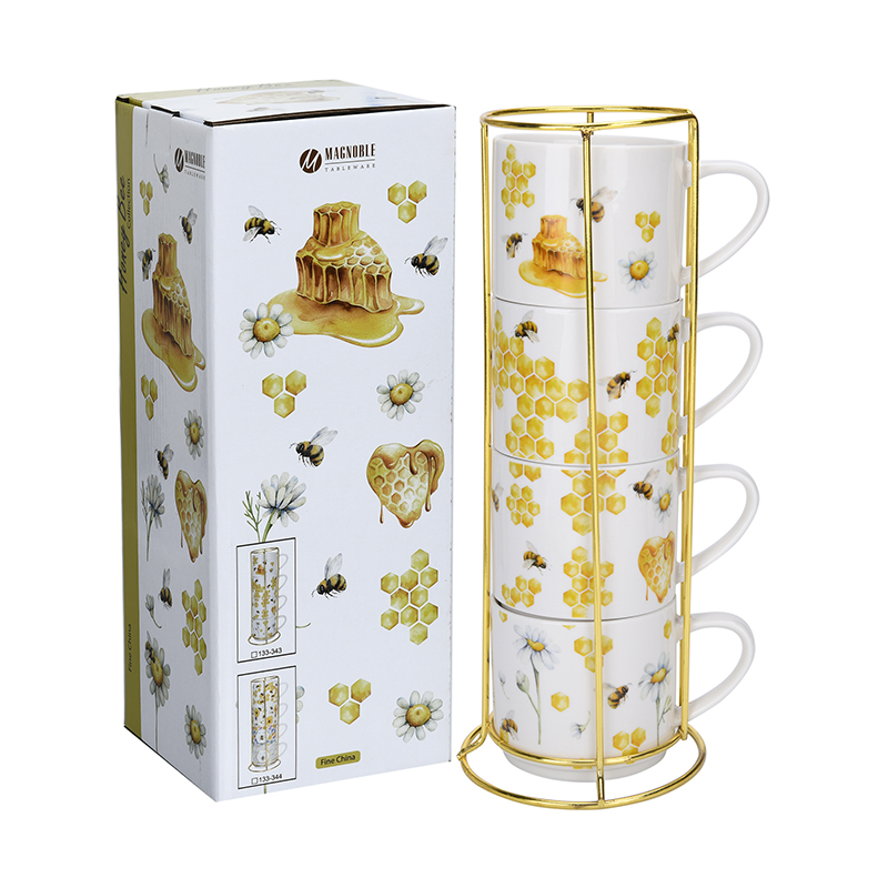 Set of 4 360ml Honey Bee Coffee Mugs With Metal Stand