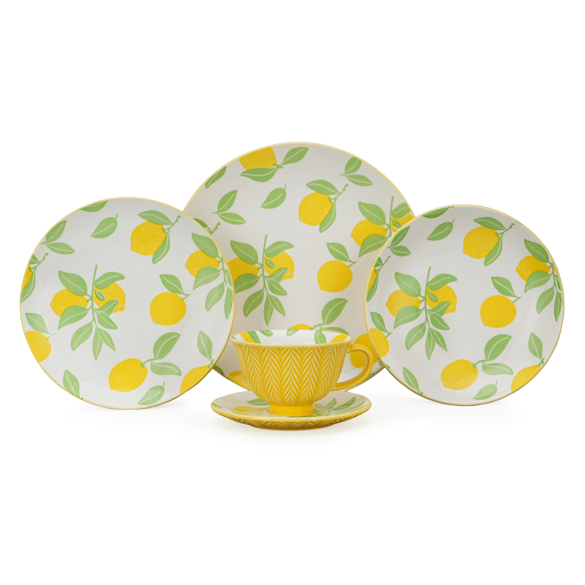 Yellow Lemon Ceramic Dinnerware Set – Embossed Texture & Pad Printed Design, Microwave & Dis