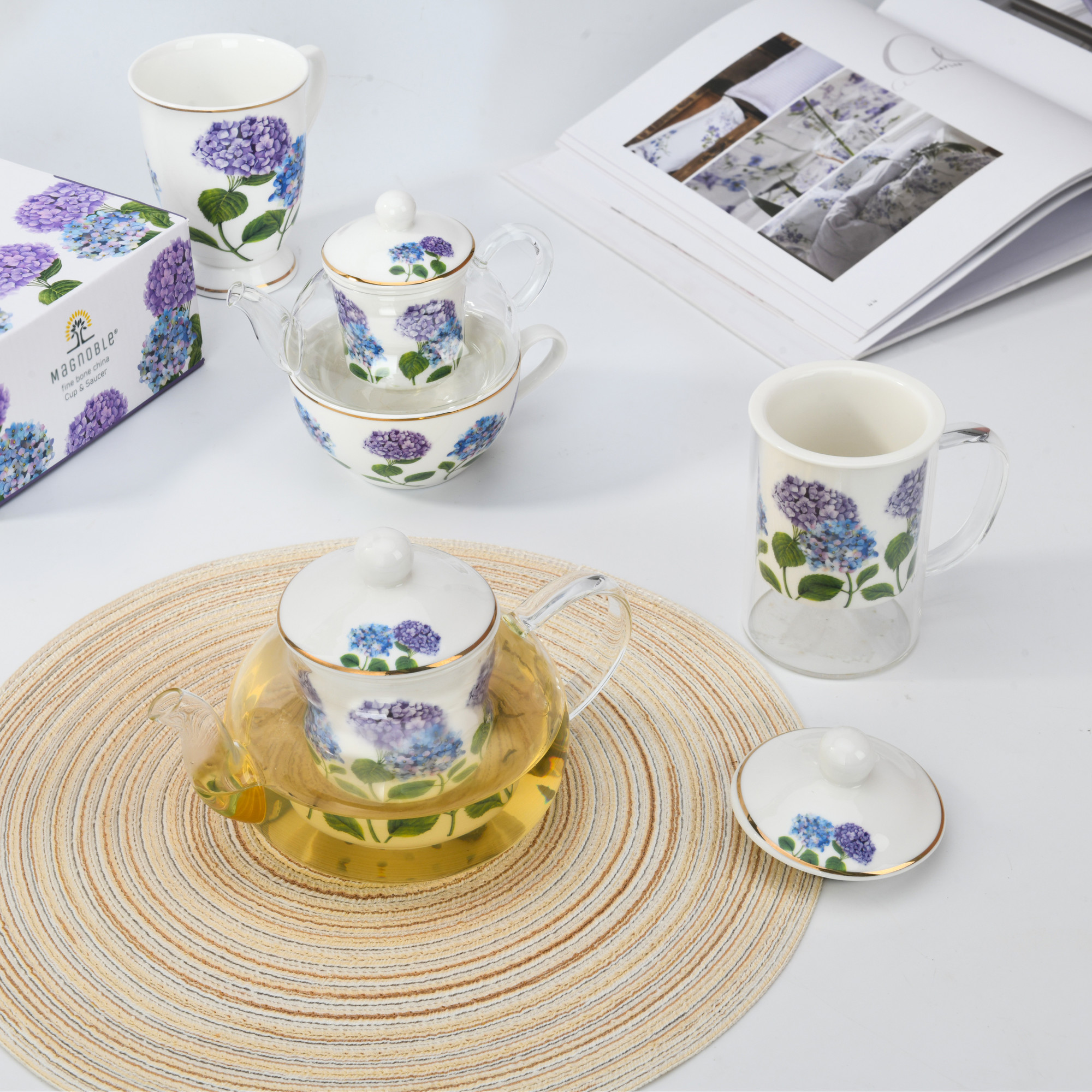 Elegant Glass and Ceramic Teapot Set with Hydrangea Floral Design – High Borosilicate Heat-Resistant
