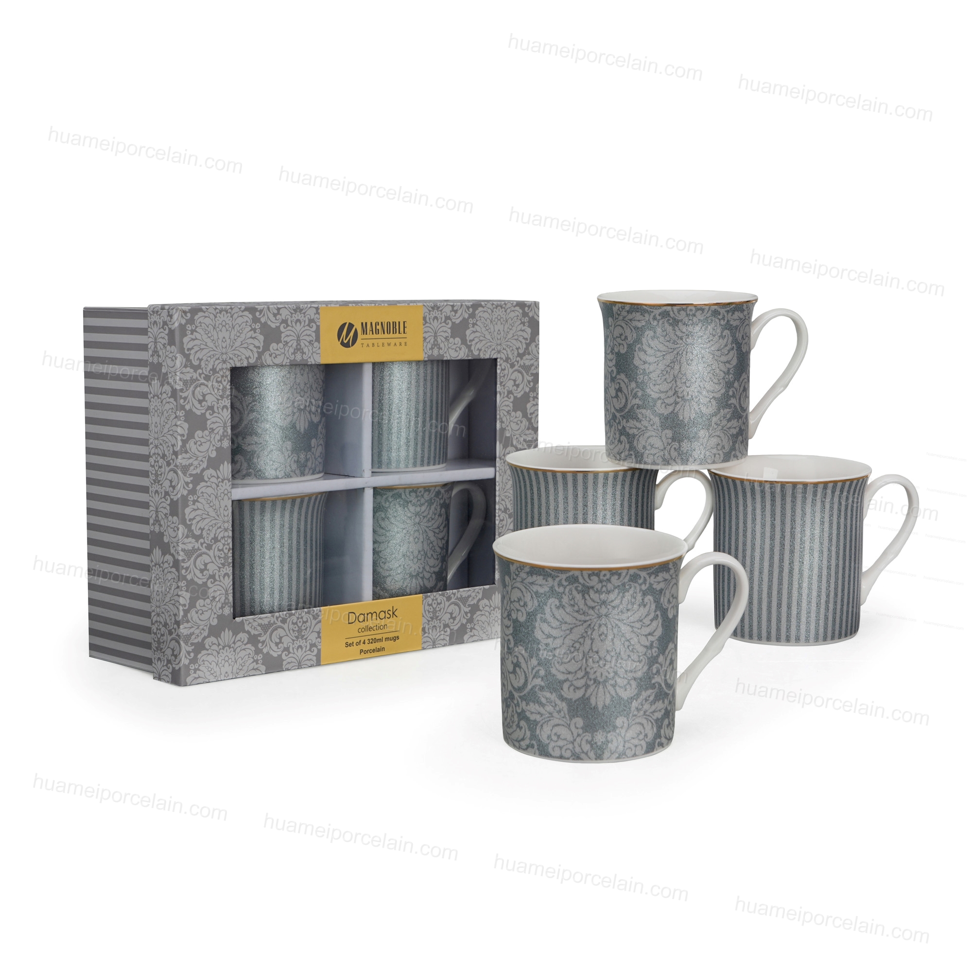 S/4 320ML Ceramic Tea Mug with Metallic Powder Effect and Gold Trim Set for Home and Office